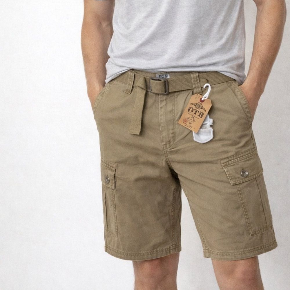 🔥OTB Men's Tan Cargo Shorts with belt Sz 36”New